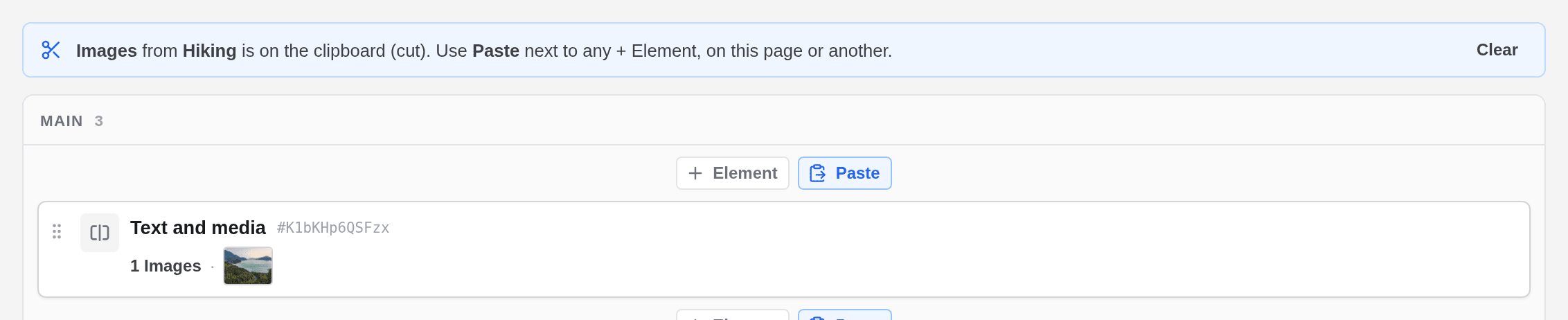 A blue bar says that Images from Hiking is on the clipboard, and a Paste button sits next to + Element