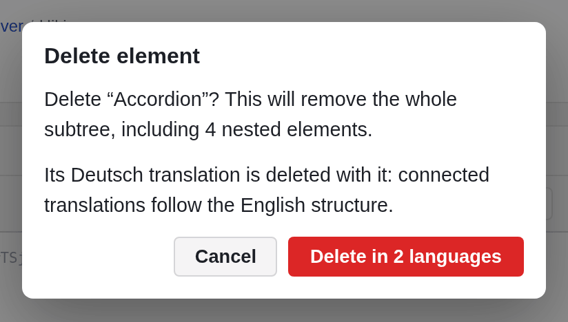 The Delete element dialog for an Accordion: it removes 4 nested elements and the Deutsch translation, with the buttons Cancel and Delete in 2 languages