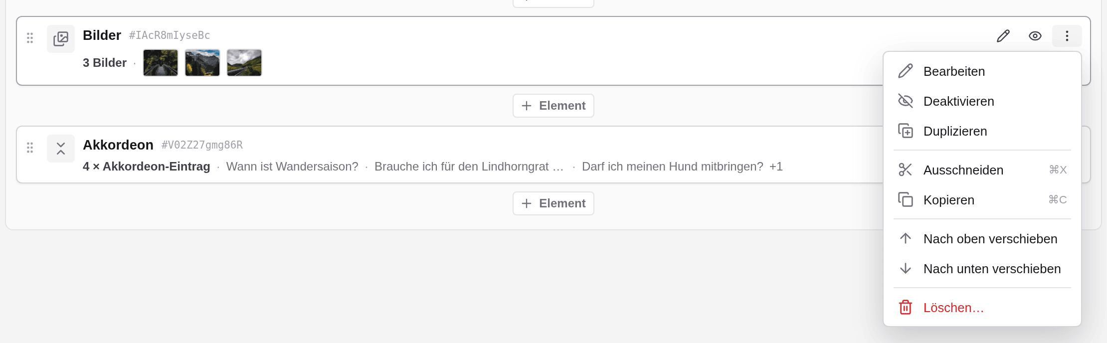 Das Menü der Karte eines Elements Bilder mit Bearbeiten, Deaktivieren, Duplizieren, Ausschneiden, Kopieren, Nach oben verschieben, Nach unten verschieben und Löschen