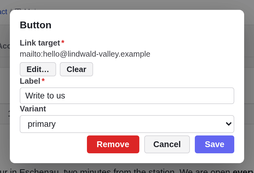 The form of a button in the text with Link target, Label and Variant and the buttons Remove, Cancel and Save