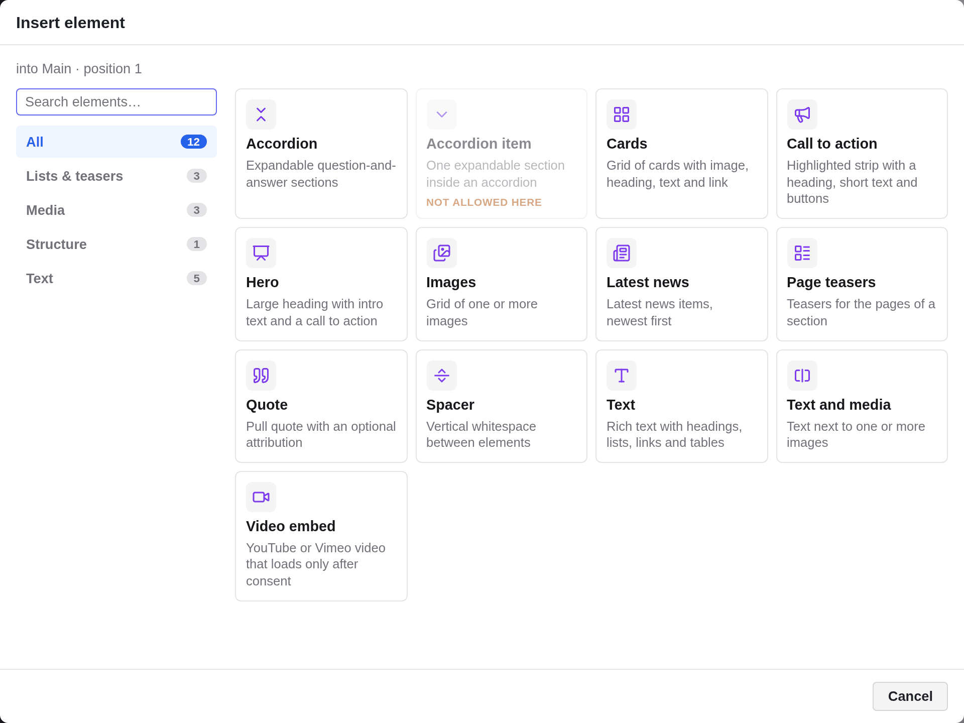The Insert element dialog with a search box, the categories All, Lists and teasers, Media, Structure and Text, and one tile per element