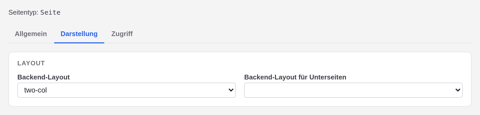 Der Reiter Darstellung der Seiteneigenschaften mit den Auswahllisten Backend-Layout, auf two-col gesetzt, und Backend-Layout für Unterseiten, leer