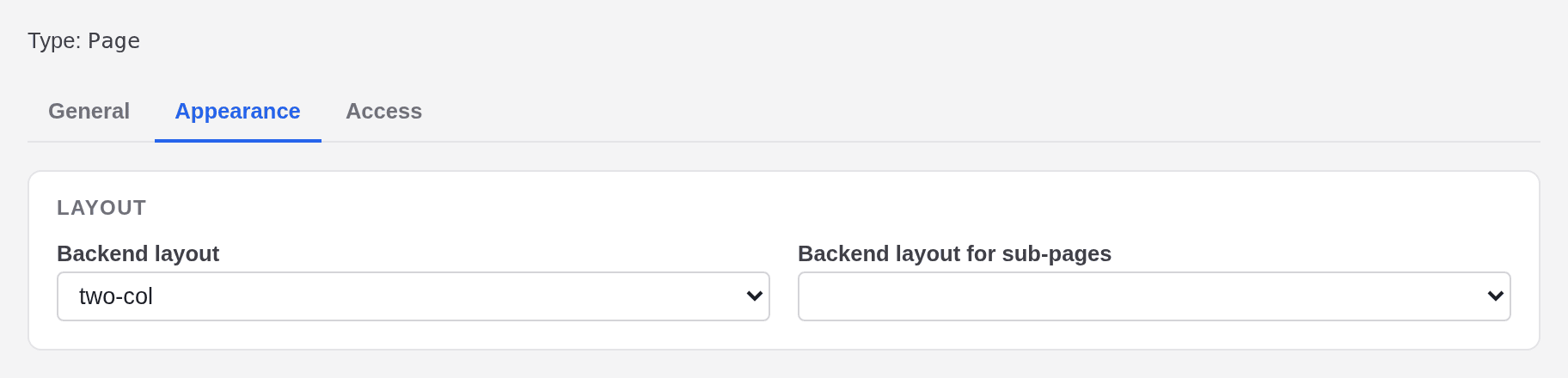 The Appearance tab of the page properties with the dropdowns Backend layout, set to two-col, and Backend layout for sub-pages, left empty