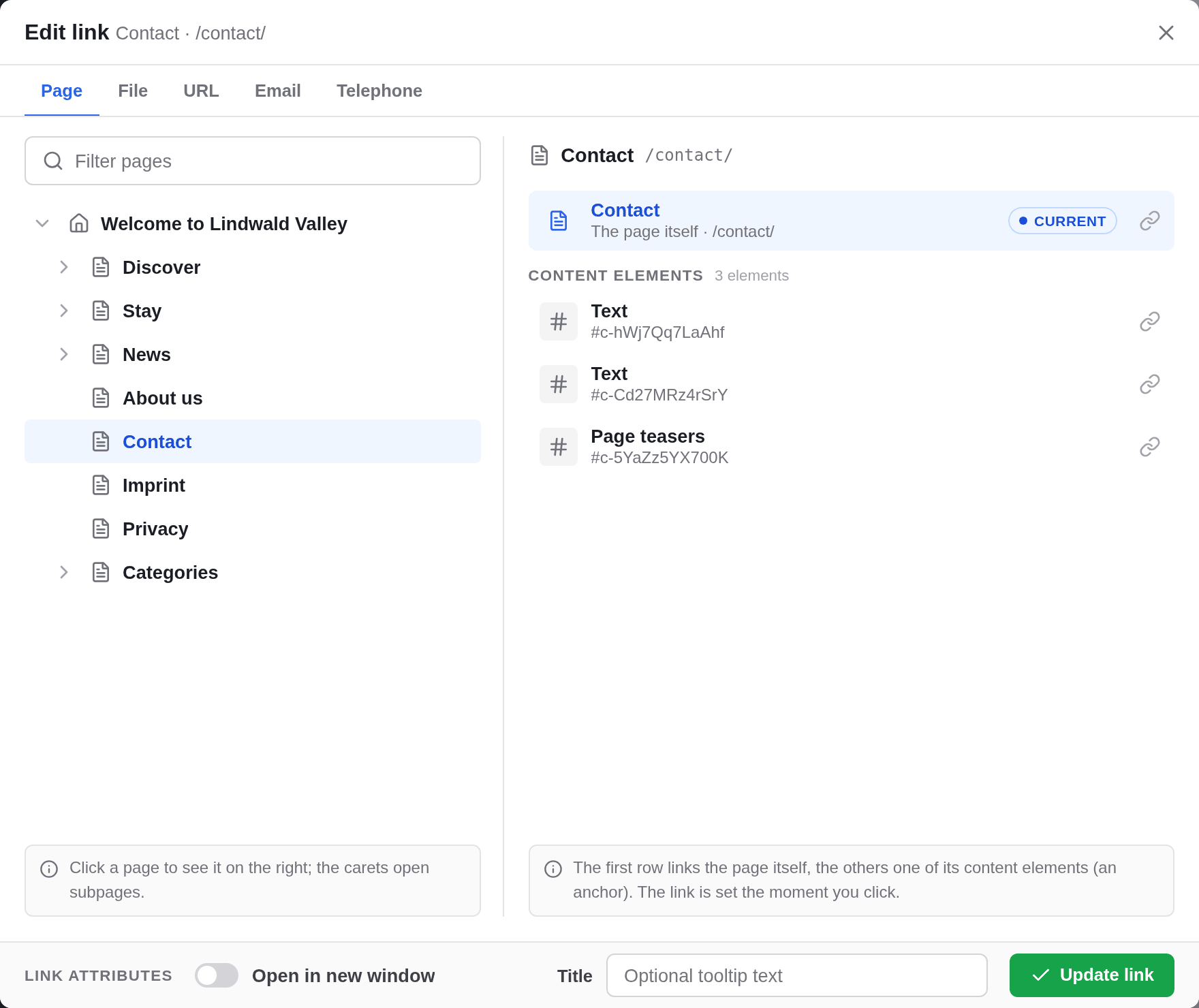 The Link browser in Edit link mode: the linked page Contact is marked Current, and an Update link button sits next to the link attributes