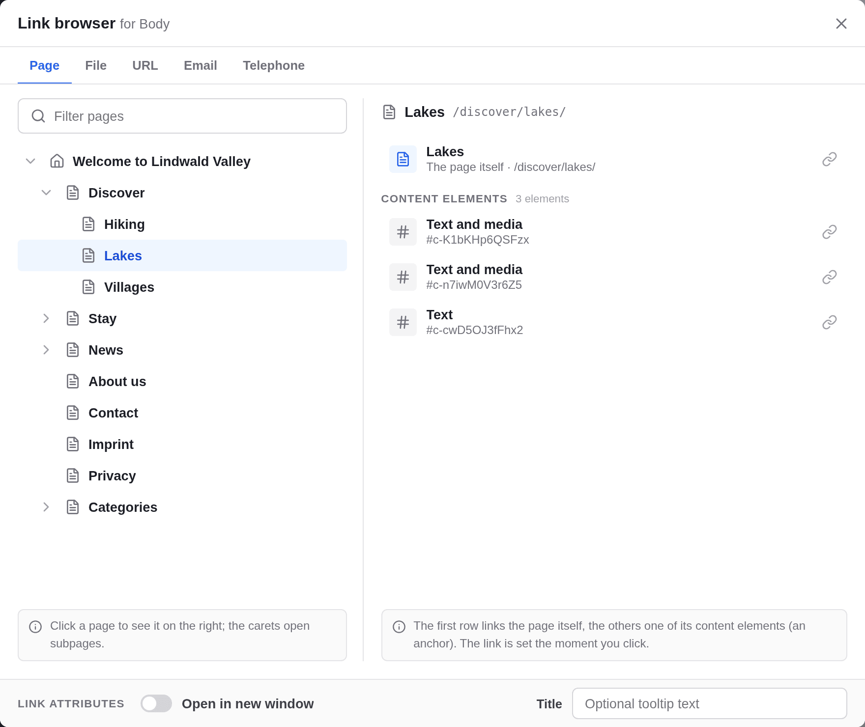 The Link browser on the Page tab: the page tree on the left, on the right the selected page Lakes with a row for the page itself and one row for each of its three elements
