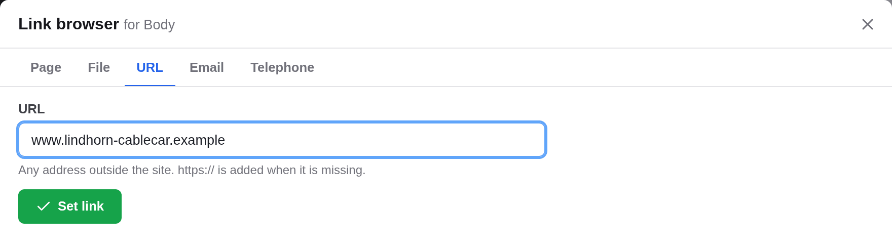 The URL tab of the Link browser with an address typed into the URL field and the green Set link button