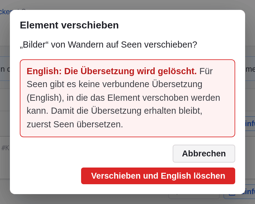 Der Dialog Element verschieben fragt, ob Bilder von Wandern auf Seen verschoben werden soll, und warnt, dass die englische Übersetzung gelöscht wird; Schaltflächen Abbrechen und Verschieben und English löschen