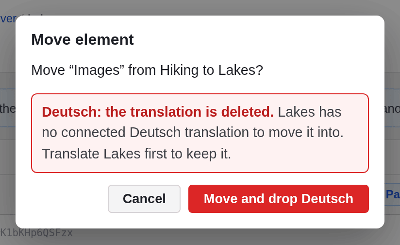 The Move element dialog asking whether to move Images from Hiking to Lakes and warning that the Deutsch translation is deleted, with the buttons Cancel and Move and drop Deutsch