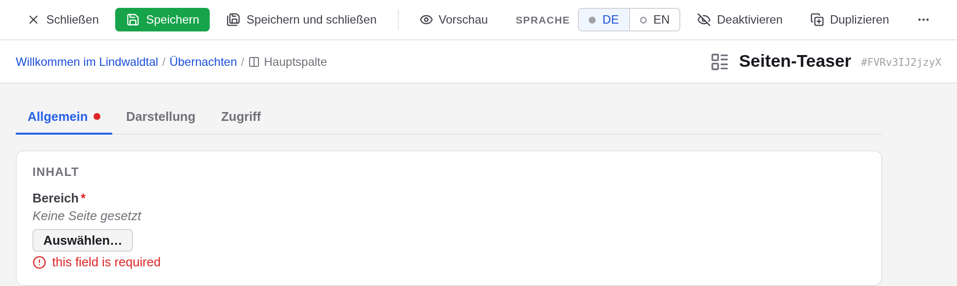 Das Formular eines gerade eingefügten Elements Seiten-Teaser; das Pflichtfeld Bereich ist noch leer und als Pflichtfeld markiert