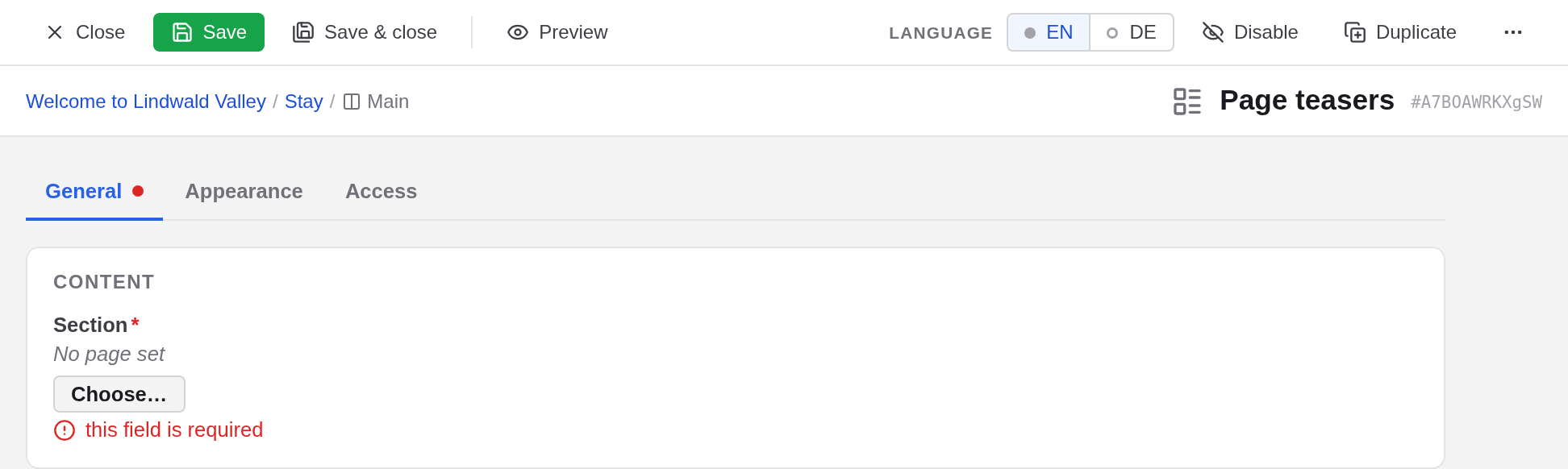 The form of a newly inserted Page teasers element, with the required field Section still empty and marked as required