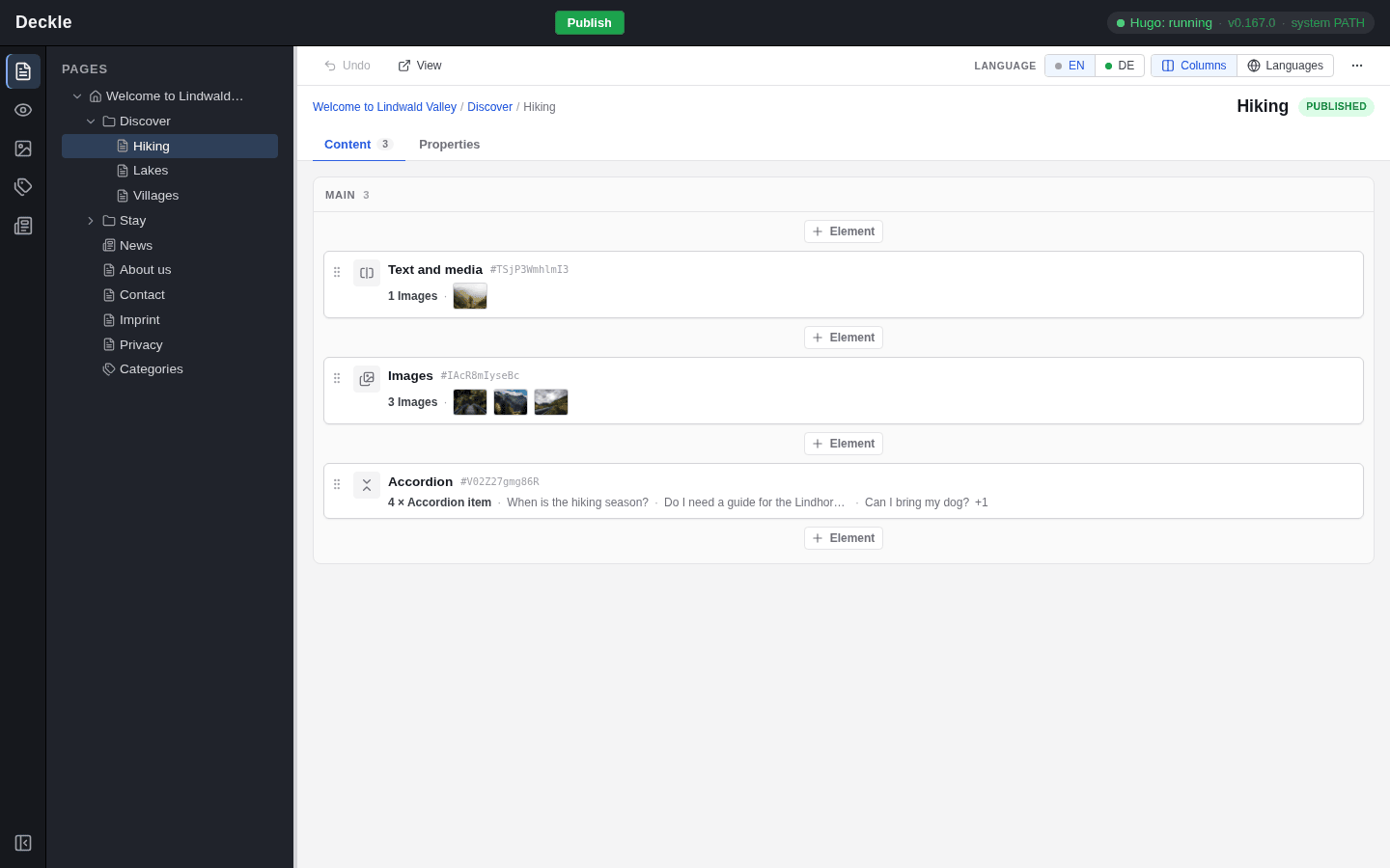 The Content tab of the Hiking page: a Text and media element, an Images element and an Accordion that shows 4 × Accordion item and its first questions, each shown as a card