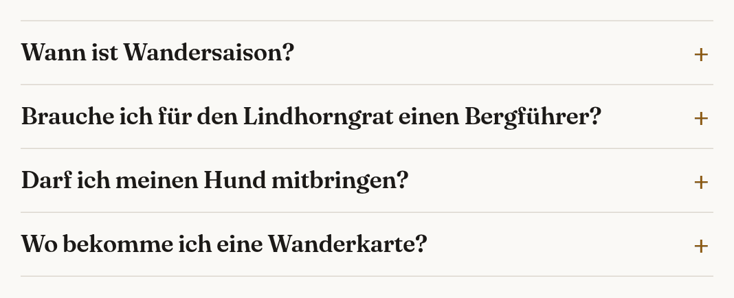 Ein Element Akkordeon mit vier zugeklappten Fragen, jede mit einem Pluszeichen zum Aufklappen