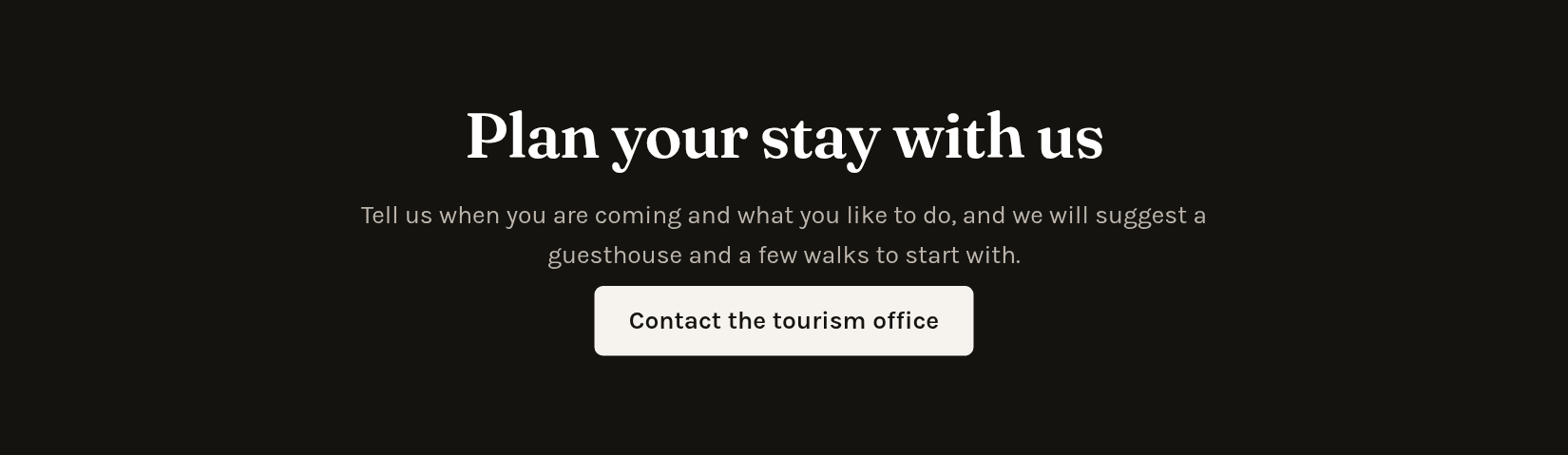 A Call to action element: a dark strip with the heading Plan your stay with us, one sentence and a button