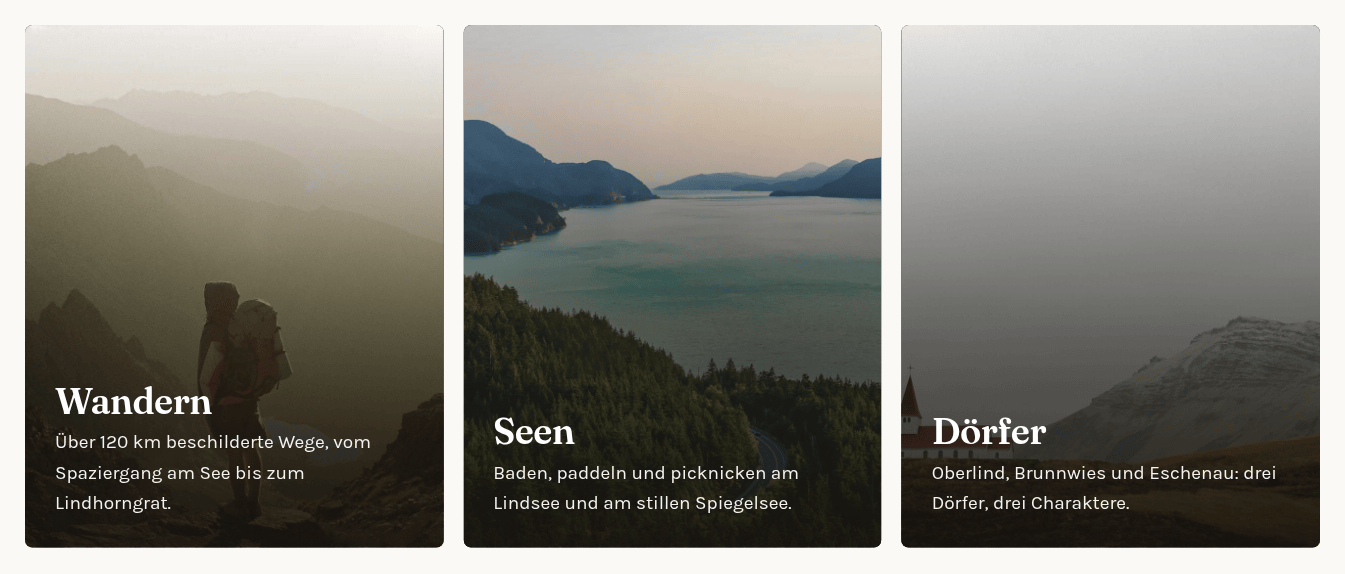 Ein Element Karten mit drei Fotokarten namens Wandern, Seen und Dörfer, jede mit einem kurzen Text