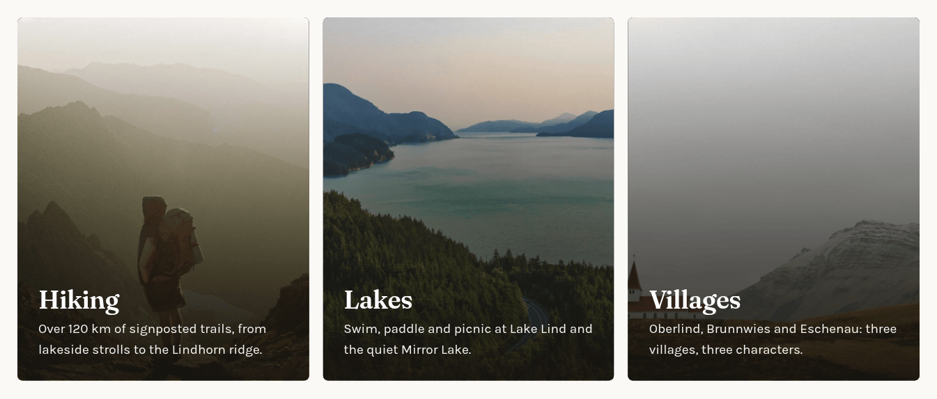 A Cards element with three photo cards titled Hiking, Lakes and Villages, each with a short text