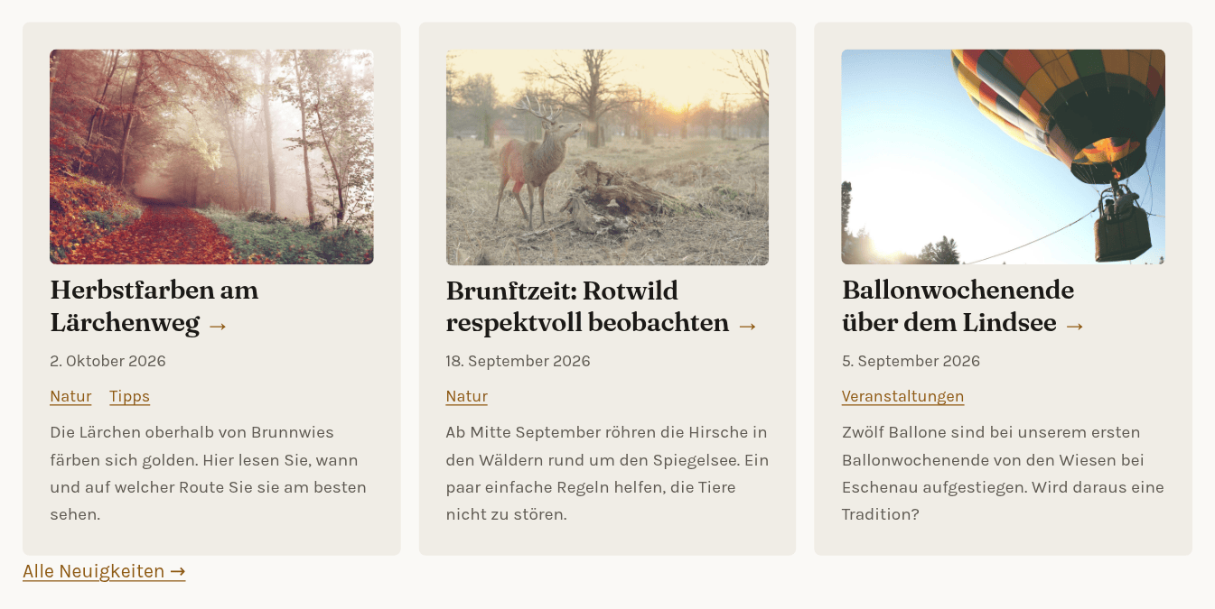 Ein Element Neueste Meldungen mit drei Meldungskarten, jede mit Foto, Titel, Datum, Kategorien und Teaser, darunter ein Link Alle Neuigkeiten