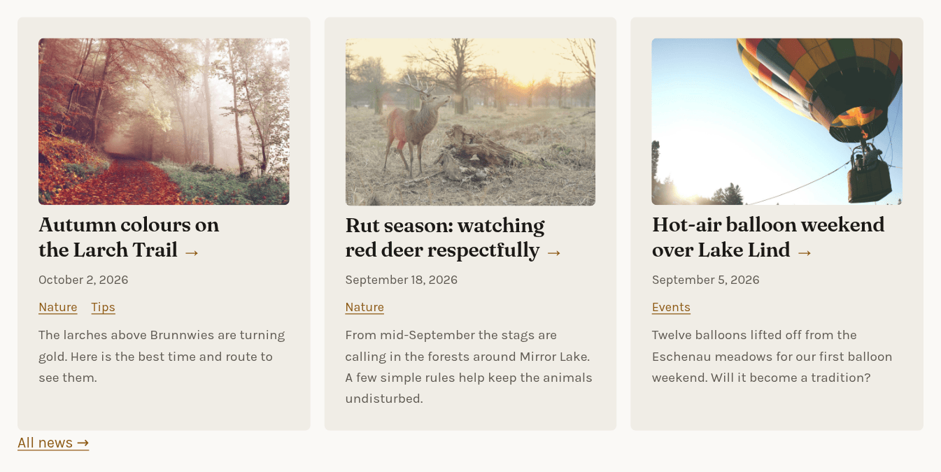A Latest news element with three news cards, each with a photo, title, date, categories and teaser, and an All news link below