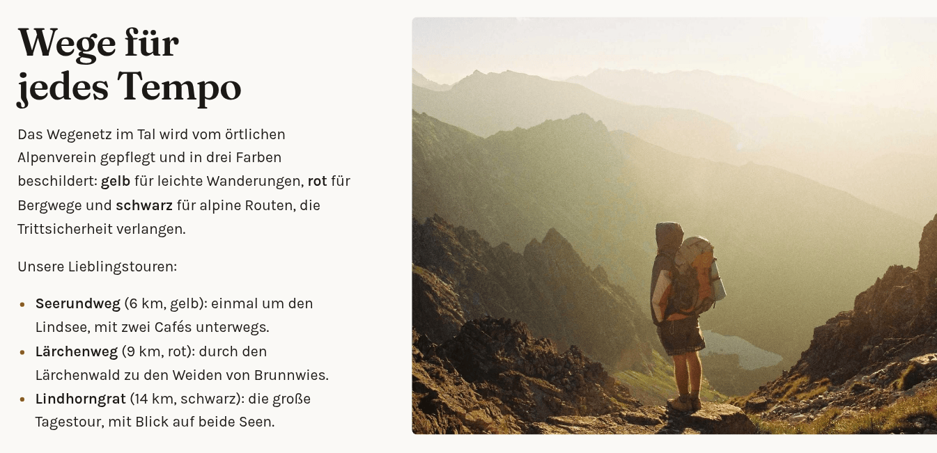 Ein Element Text und Medien: links eine Überschrift, ein Absatz und eine Aufzählung, rechts das Foto eines Wanderers