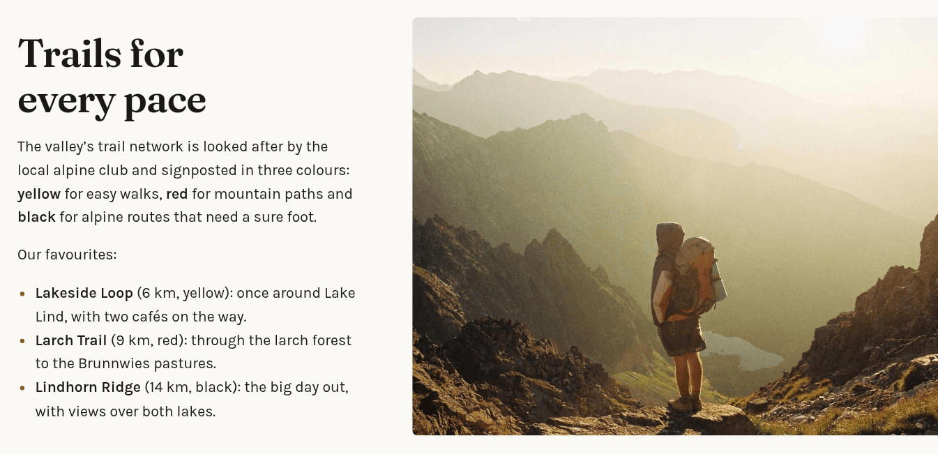 A Text and media element: a heading, a paragraph and a bulleted list on the left, a photo of a hiker on the right