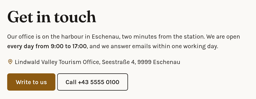 A Text element on the website: the heading Get in touch, a paragraph, an address with a location icon and two buttons