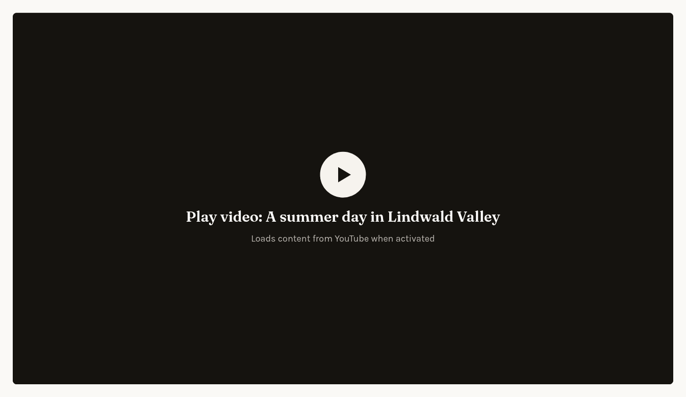 A Video embed on the website: a dark placeholder with a play button, the text Play video and the video title, and a note that content is loaded from YouTube when activated