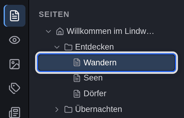 Der Seitenbaum, in dem die Seite Wandern unter Entdecken ausgewählt ist