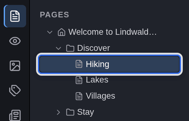 The page tree with the Hiking page below Discover selected