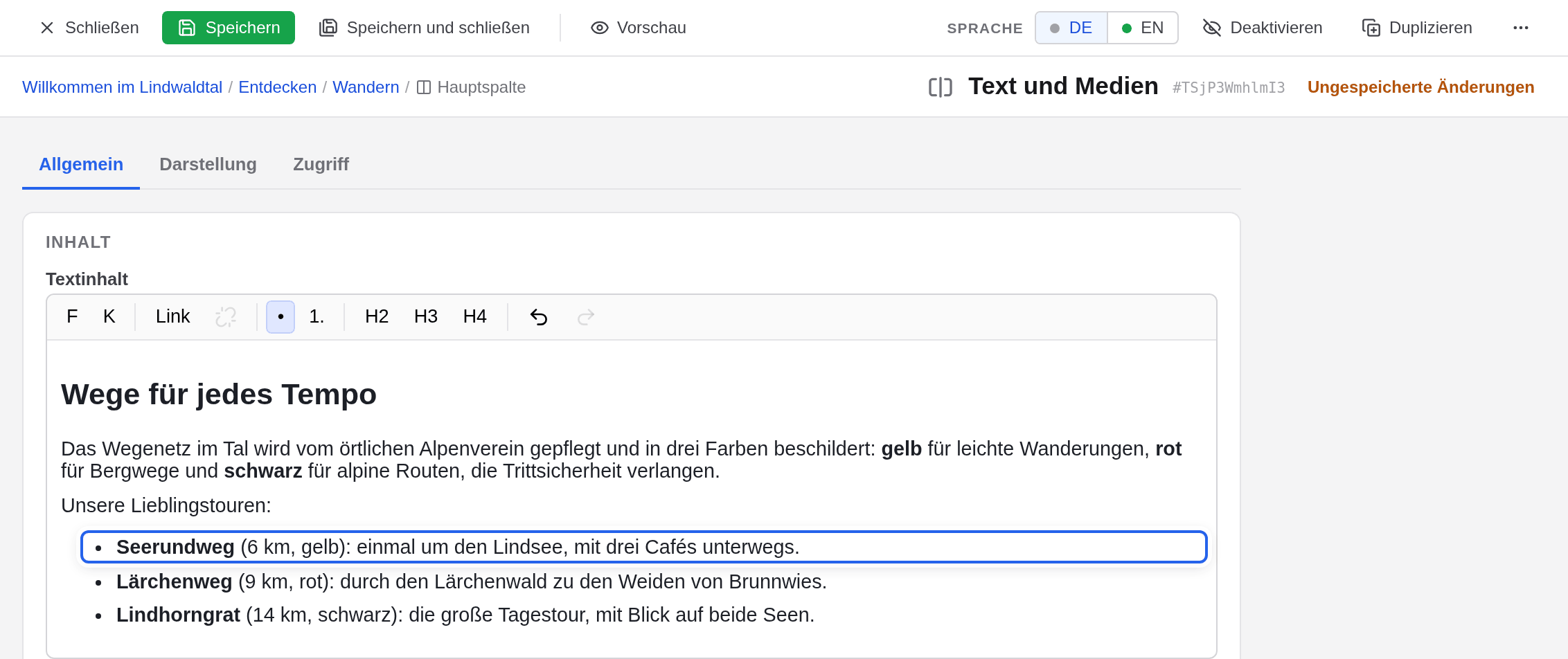 Das Formular des Elements Text und Medien: Der geänderte Listenpunkt ist hervorgehoben, oben rechts steht Ungespeicherte Änderungen