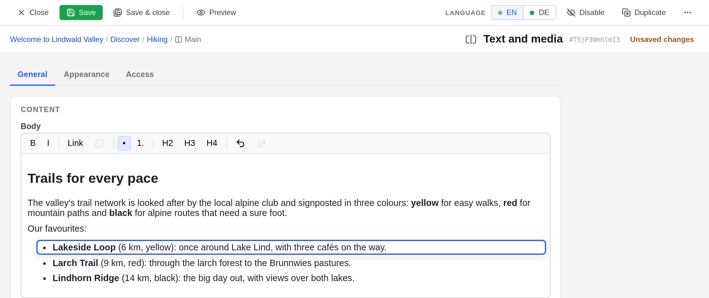 The form of the Text and media element: the changed list item is highlighted, at the top right it says Unsaved changes