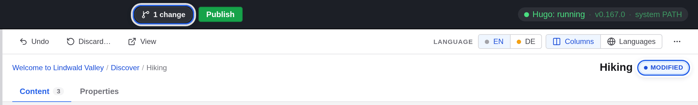 The top bar shows 1 change, and the page title Hiking is marked modified