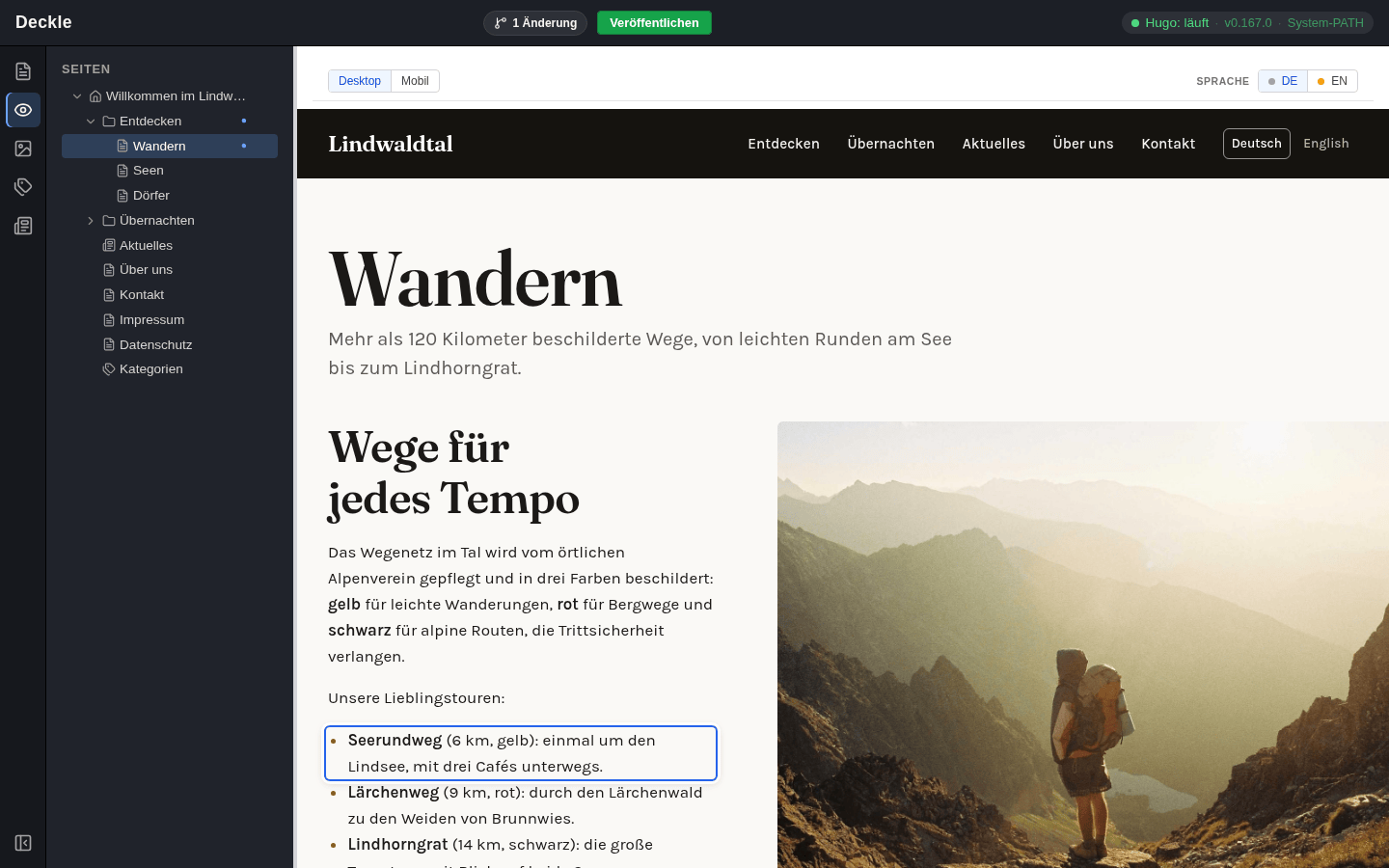Das Modul Ansicht mit der Seite Wandern; der geänderte Satz über drei Cafés ist hervorgehoben