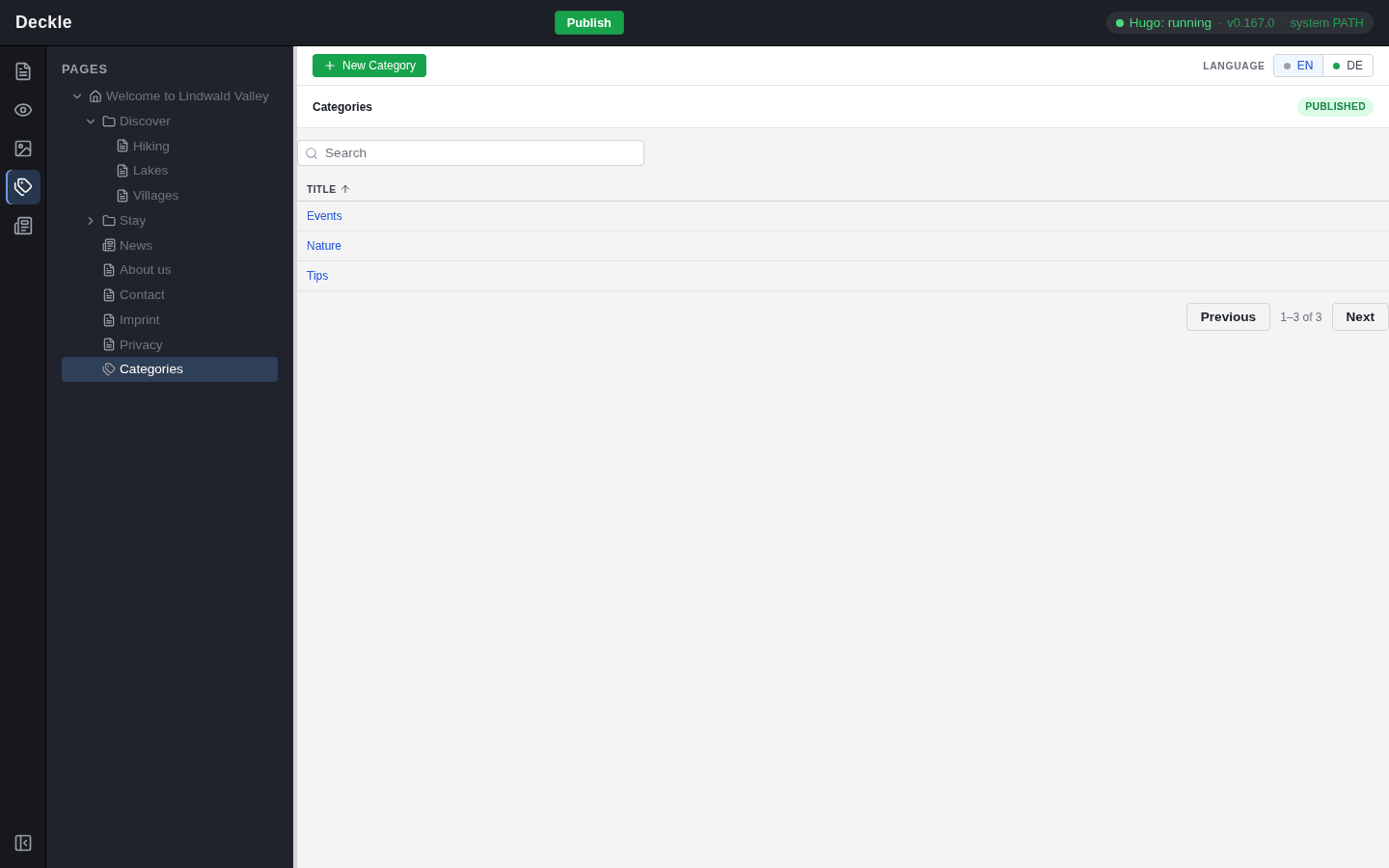 The Categories module: the Categories page is selected in the page tree, the list on the right shows the categories Events, Nature and Tips