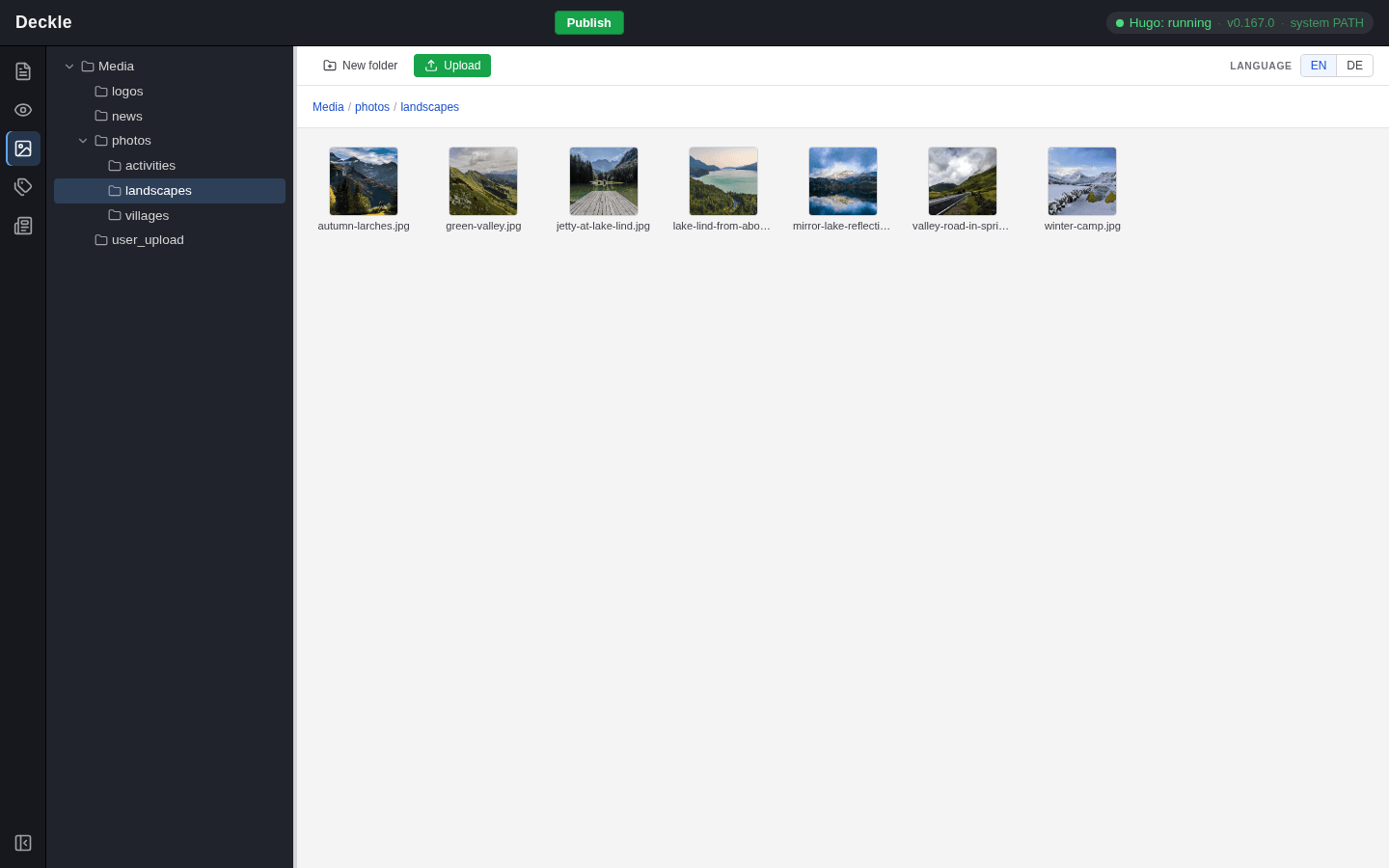 The Media module: the folder tree on the left, thumbnails of the photos in the landscapes folder on the right