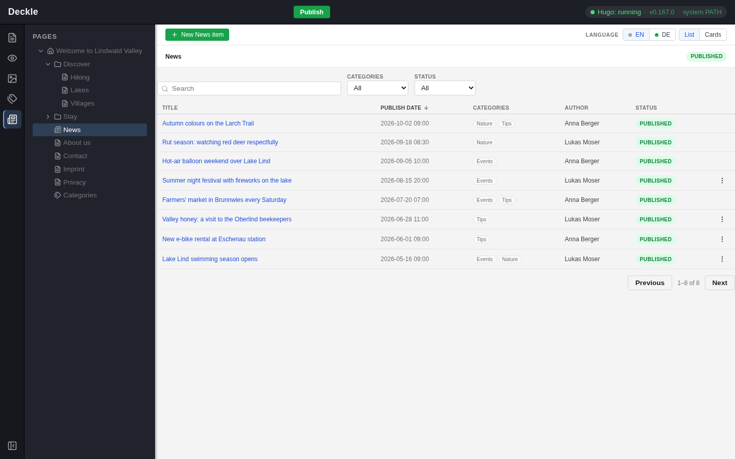 The News module: a list of news items with title, publish date, categories, author and status