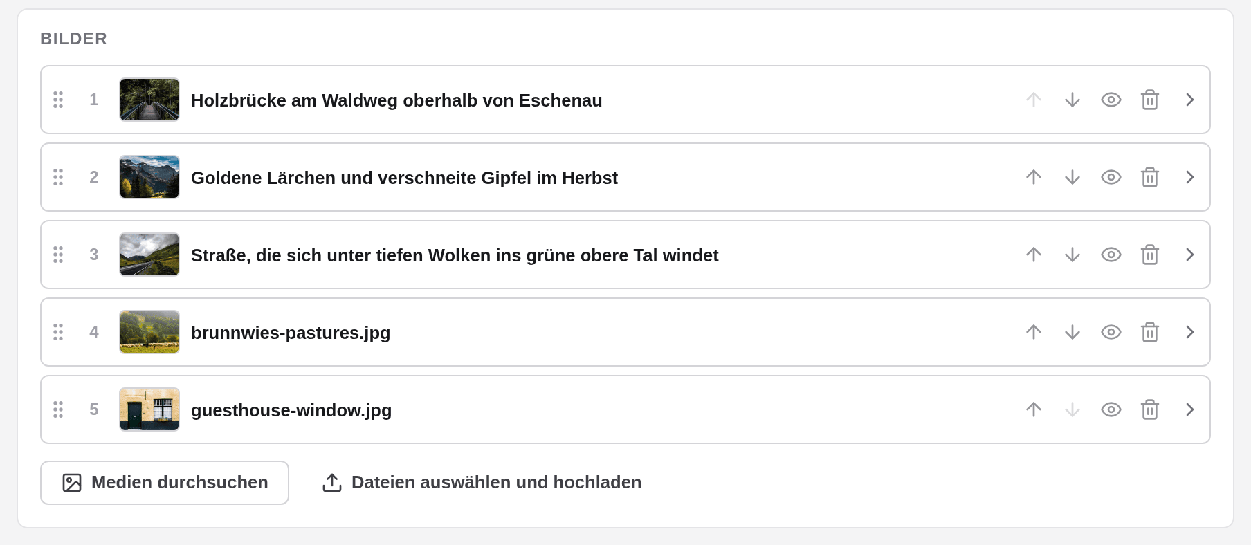 Fünf Bildzeilen: drei mit Beschreibung und zwei neue Zeilen mit den Titeln brunnwies-pastures.jpg und guesthouse-window.jpg