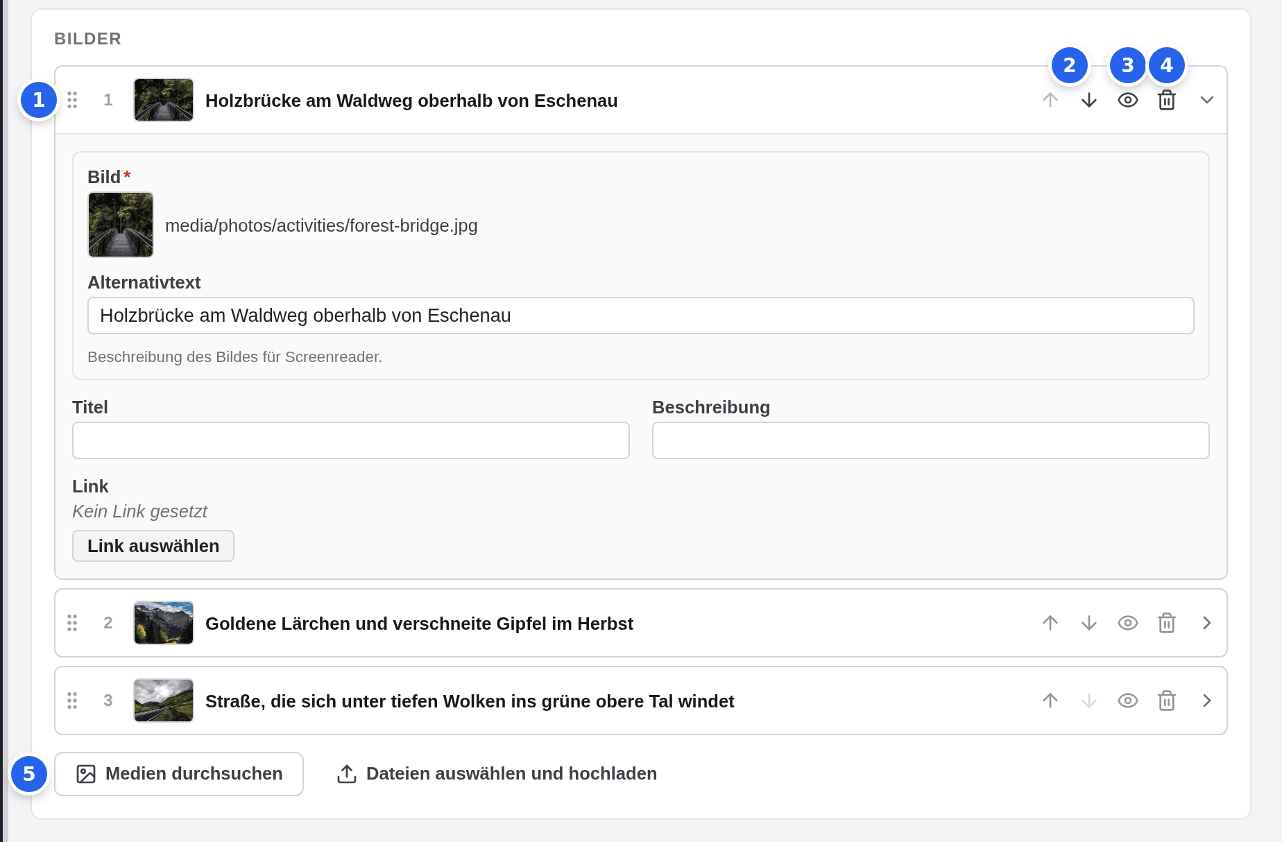 Der Abschnitt Bilder eines Elementformulars mit drei Bildzeilen; nummerierte Markierungen am Ziehgriff, an den Pfeilen, am Auge, am Papierkorb und an der Schaltfläche Medien durchsuchen
