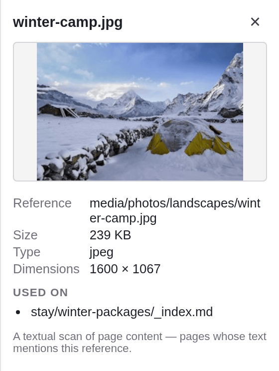The details panel of winter-camp.jpg: preview, Reference, Size, Type, Dimensions and Used on with one page