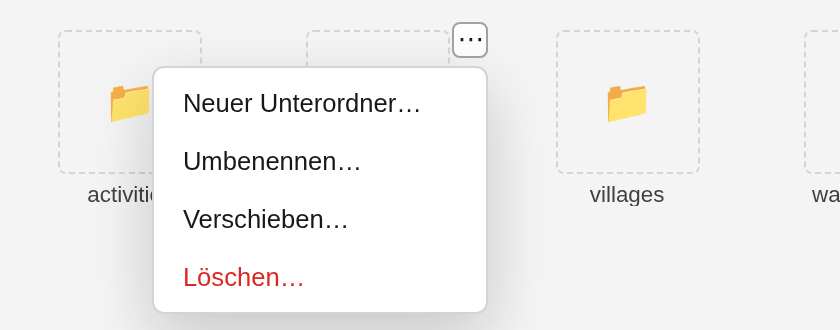 Das Menü des Ordners landscapes mit Neuer Unterordner, Umbenennen, Verschieben und Löschen