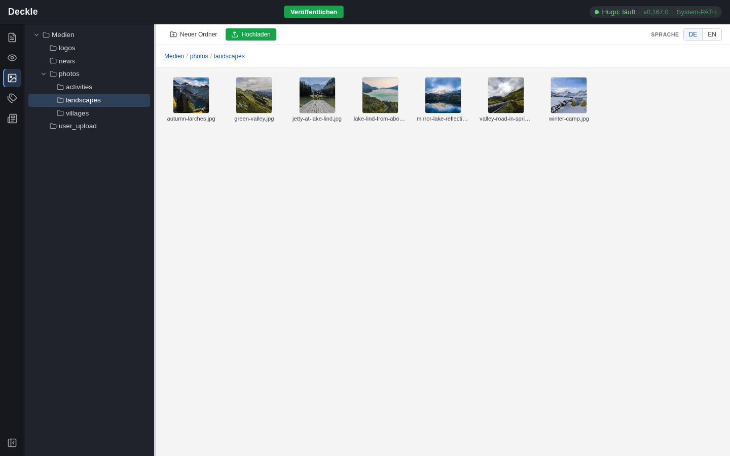 Das Modul Medien: links der Ordnerbaum mit dem ausgewählten Ordner landscapes, rechts ein Raster mit sieben Landschaftsfotos