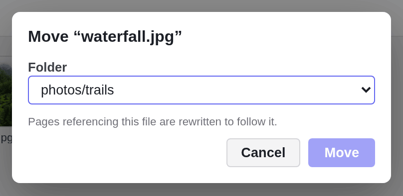 The dialog Move waterfall.jpg with a Folder list set to photos/trails and the hint Pages referencing this file are rewritten to follow it