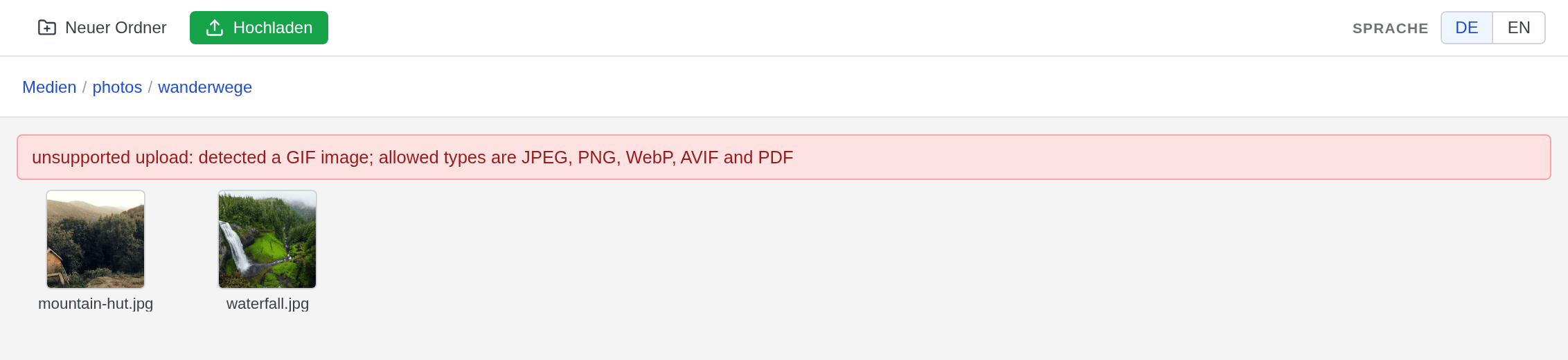 Eine rote Meldung über dem Raster: unsupported upload: detected a GIF image; allowed types are JPEG, PNG, WebP, AVIF and PDF