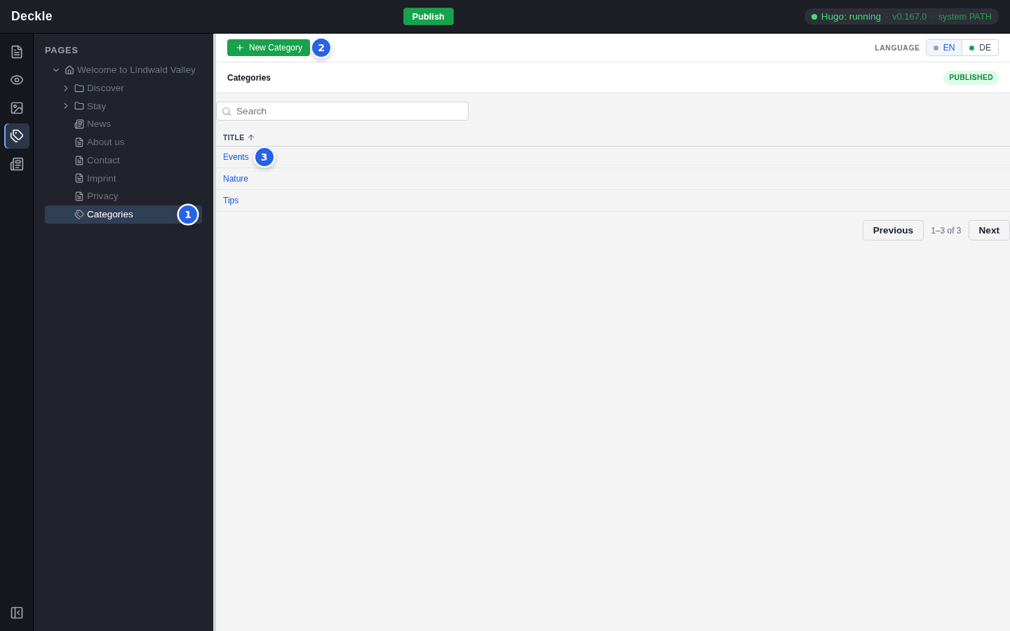 The Categories module: the Categories page is selected in the page tree, the list shows the categories Events, Nature and Tips, with numbered markers on the page, the New Category button and a category title