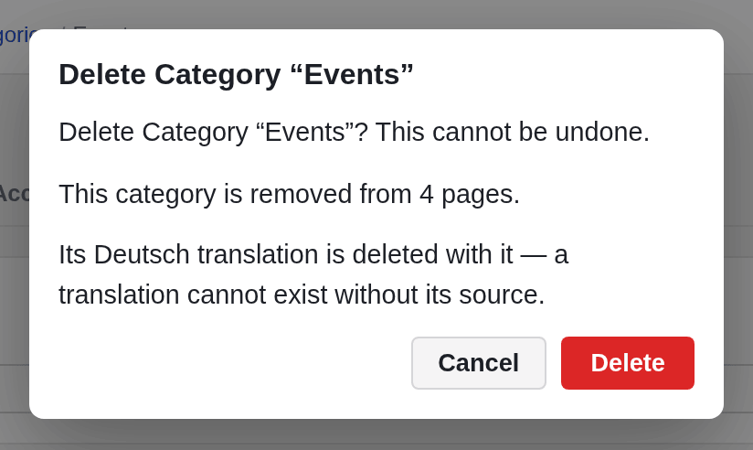 The dialog Delete Category Events: the category is removed from 4 pages and its Deutsch translation is deleted with it