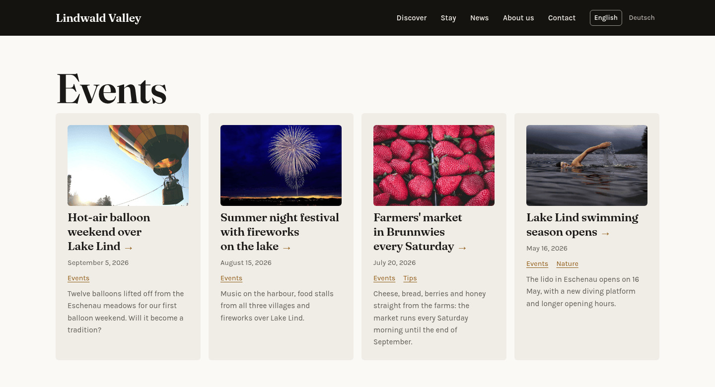 The category page Events on the website, listing four news items with image, title, date, categories and teaser