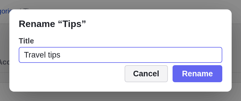 The rename dialog of the category Tips with the new title Travel tips