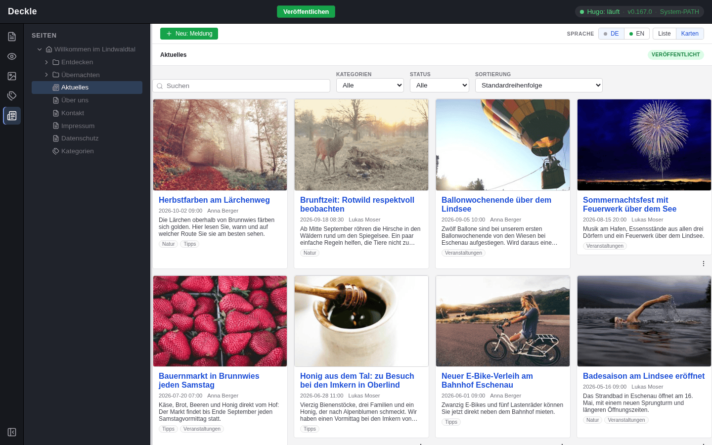 Das Modul Neuigkeiten: Im Seitenbaum ist die Seite Aktuelles ausgewählt, ihre Meldungen erscheinen als Karten mit Bild, Titel, Datum, Autor, Teaser und Kategorien