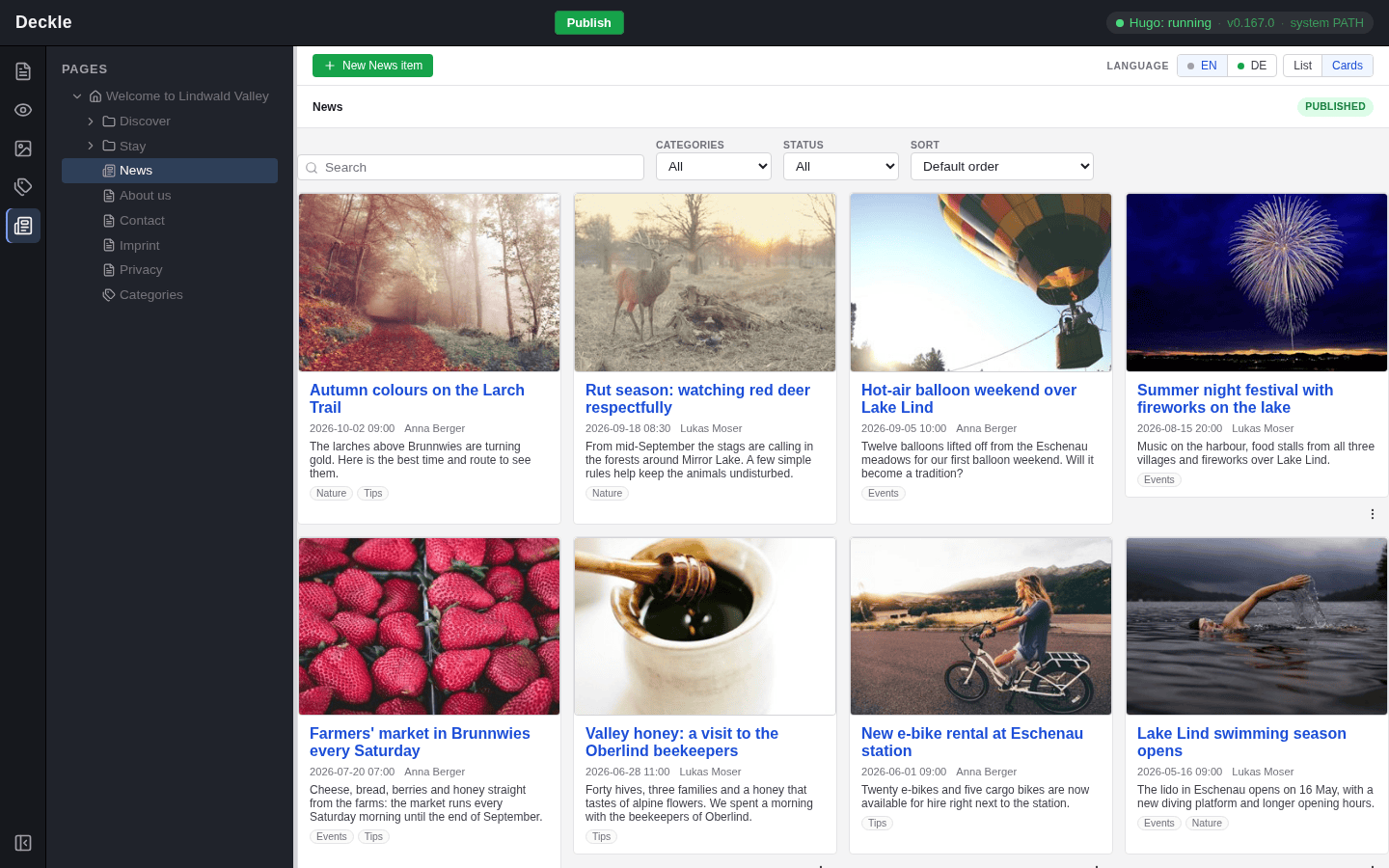 The News module: the News page is selected in the page tree, and its news items are shown as cards with image, title, date, author, teaser and categories