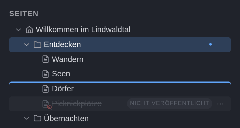 Die Seite Picknickplätze wird im Seitenbaum gezogen, über der Seite Dörfer ist eine blaue Linie zu sehen