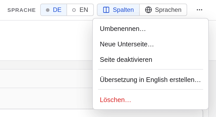 Das Menü hinter den drei Punkten rechts oben auf einer Seite: Umbenennen, Neue Unterseite, Seite deaktivieren, Übersetzung in English erstellen und Löschen