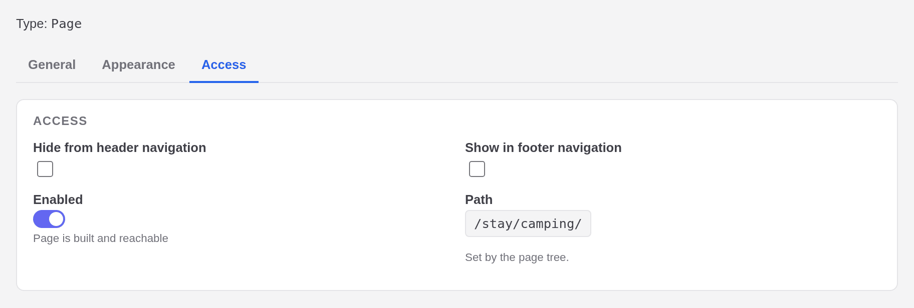 The Access tab with the checkboxes Hide from header navigation and Show in footer navigation, the Enabled switch turned on and the path /stay/camping/